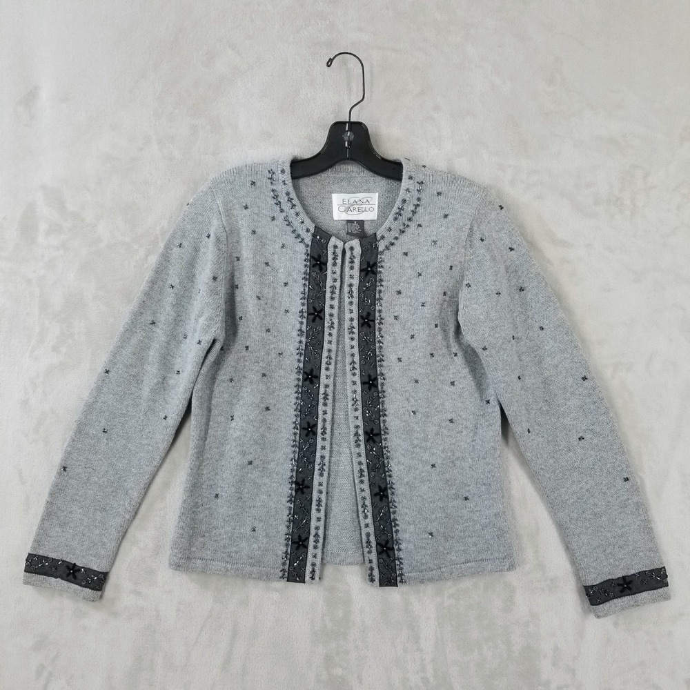 Vtg Elana Carello Cardigan Sweater Womens S Gray Beaded Embellished Cotton Knit